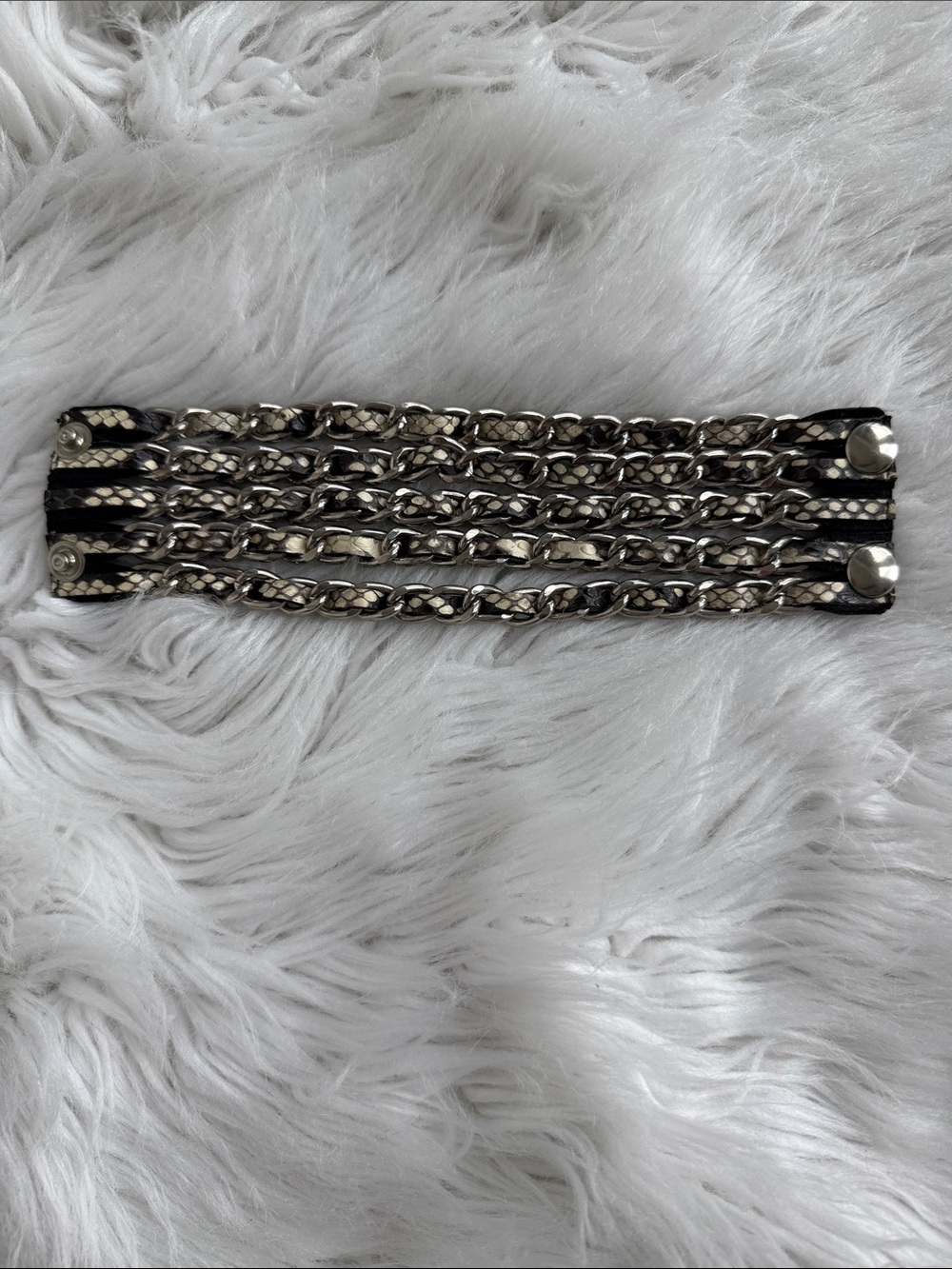 Chunky Silver Chain and Black snake skin Leather Multi-Row Bracelet